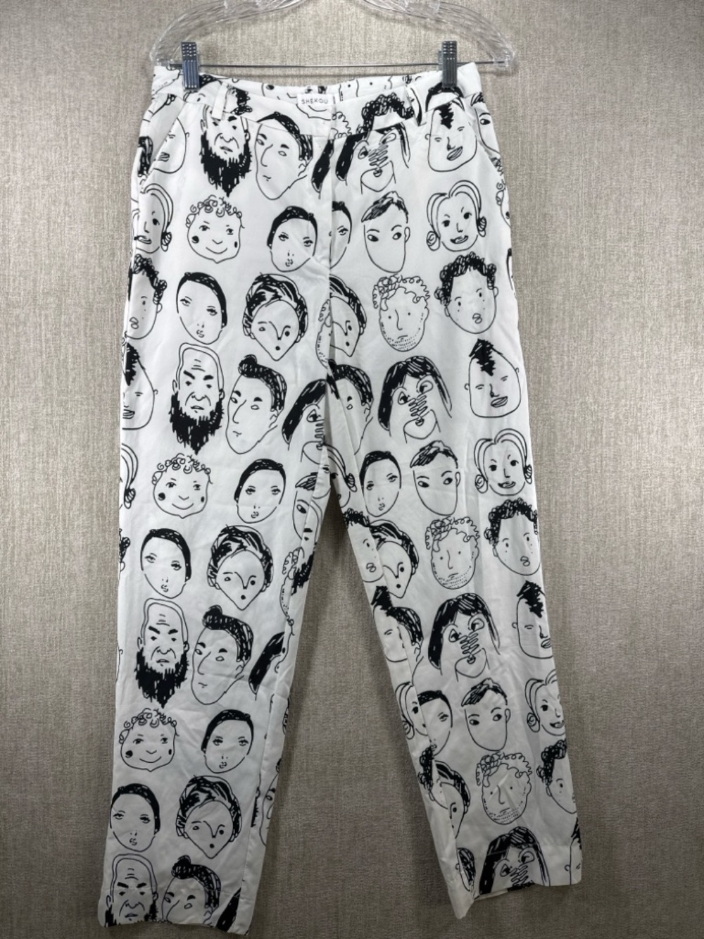 Shekou White Black Abstract Face Print Straight Leg Pants Medium